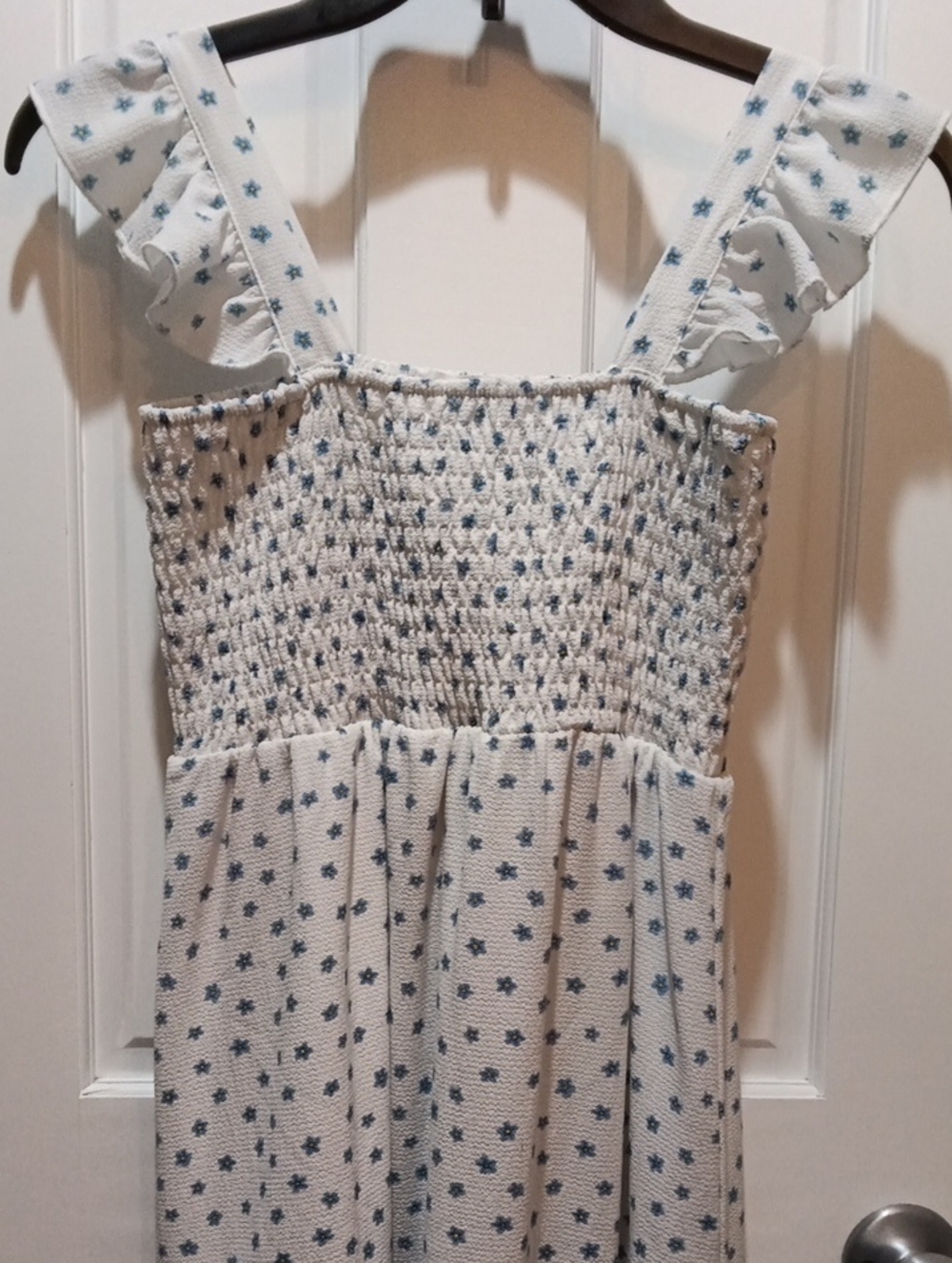White Ruffled Strap Smocked Sundress with Blue And Yellow Flower Print